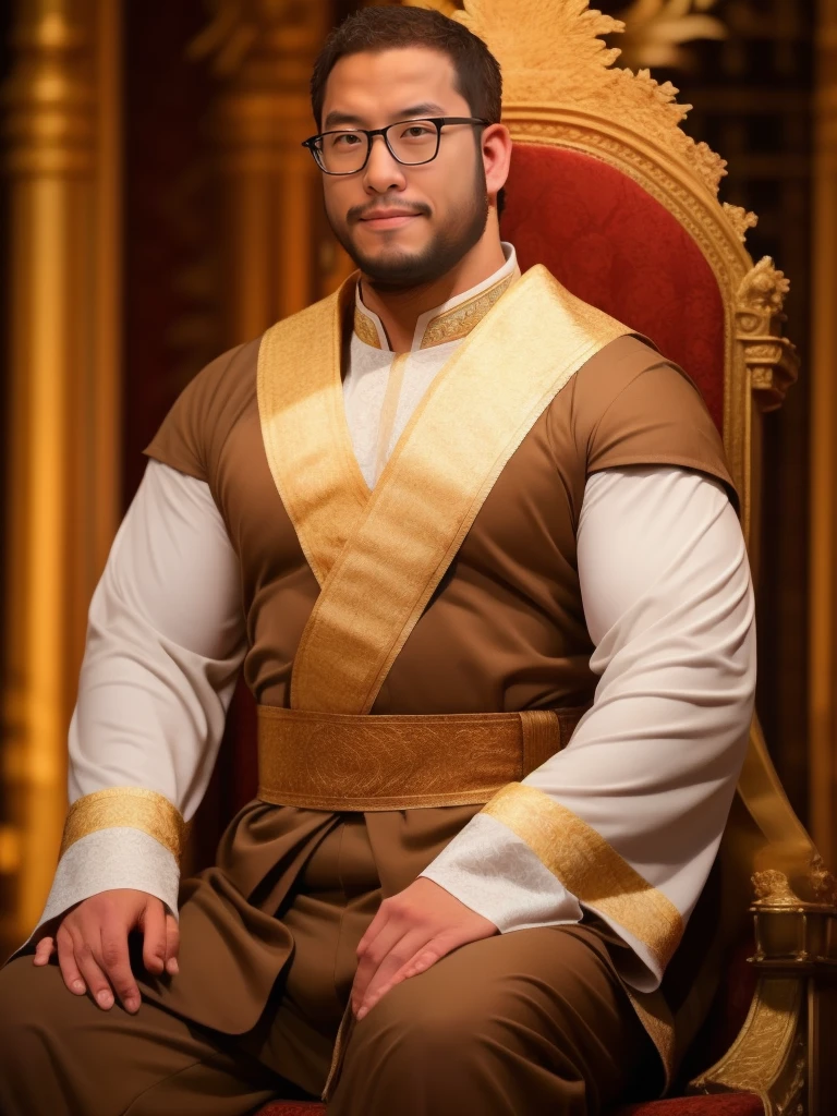 crew cut, (((full body))), mature man, [slightly fat], asian man, brown eyes, rounded face, glasses, slightly balding, (big shoulders), (((stubbles, Short beard))), (((full beard))), (Beautiful eyes:1.3), (Detailed face:1.3), king costume, in the royal palace, throne,
