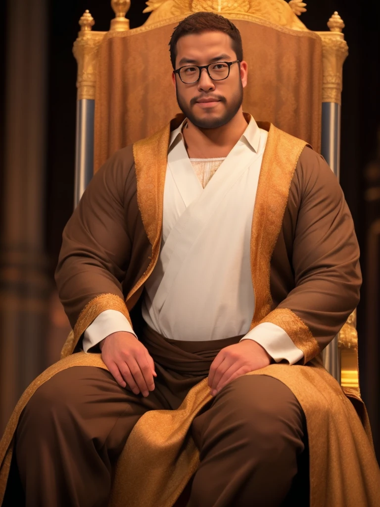 crew cut, (((full body))), mature man, [slightly fat], asian man, brown eyes, rounded face, glasses, slightly balding, (big shoulders), (((stubbles, Short beard))), (((full beard))), (Beautiful eyes:1.3), (Detailed face:1.3), king costume, in the royal palace, throne,