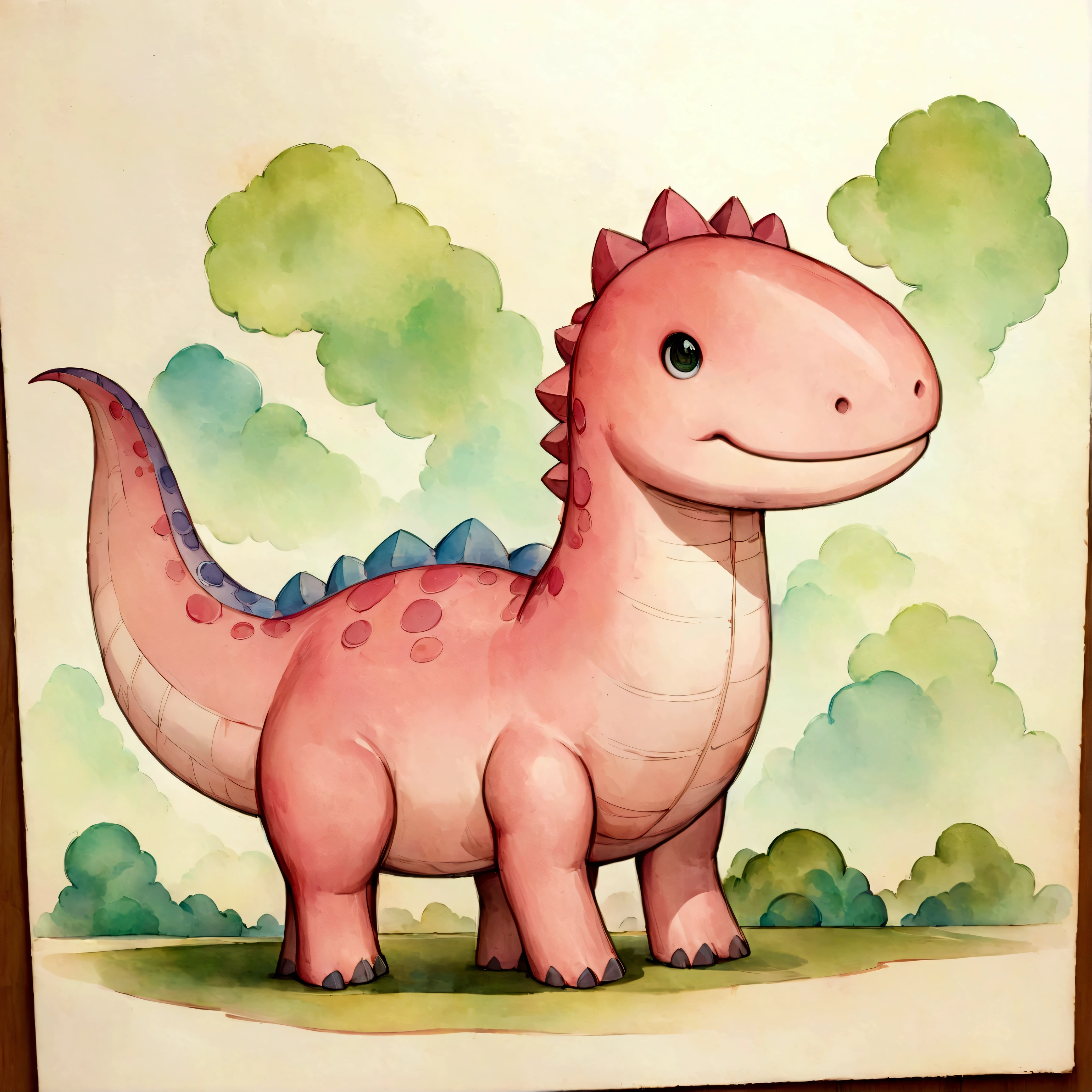 An illustration,pink dinosaur,cute illustration,surreal,artwork,Expressively,This is an illustration that looks like a picture book illustration.,draw with thick lines,Please draw with a gentle touch,Draw with pencil and watercolors,Gabriel Pacheco Style page,anatomically correct,perfect anatomy,structurally correct,Optimal configuration,Draw carefully to the details