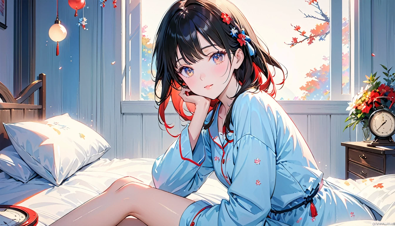 (Absurd:1.1, High resolution:1.1, 超detailed:1.1), 非常にdetailedな, 超detailed hair, (Fine grain:1.4), (Shining Eyes:1.3), thin, cute, Perfectly symmetrical face, narr○w waist, 超cute girl, 超cute face, 超cute, Super beautiful, Beautiful colors, merry (Yanmar gauge),From wlop,((Great quality)), (Beautiful legs),Sitting,music,Upper body rest (Beautiful colors,detailed,Highest quality,Great quality,so beautiful), pajamas, bed, Lighting and Shadows,(perspective),Lighting particles,colorful,masterpiece,