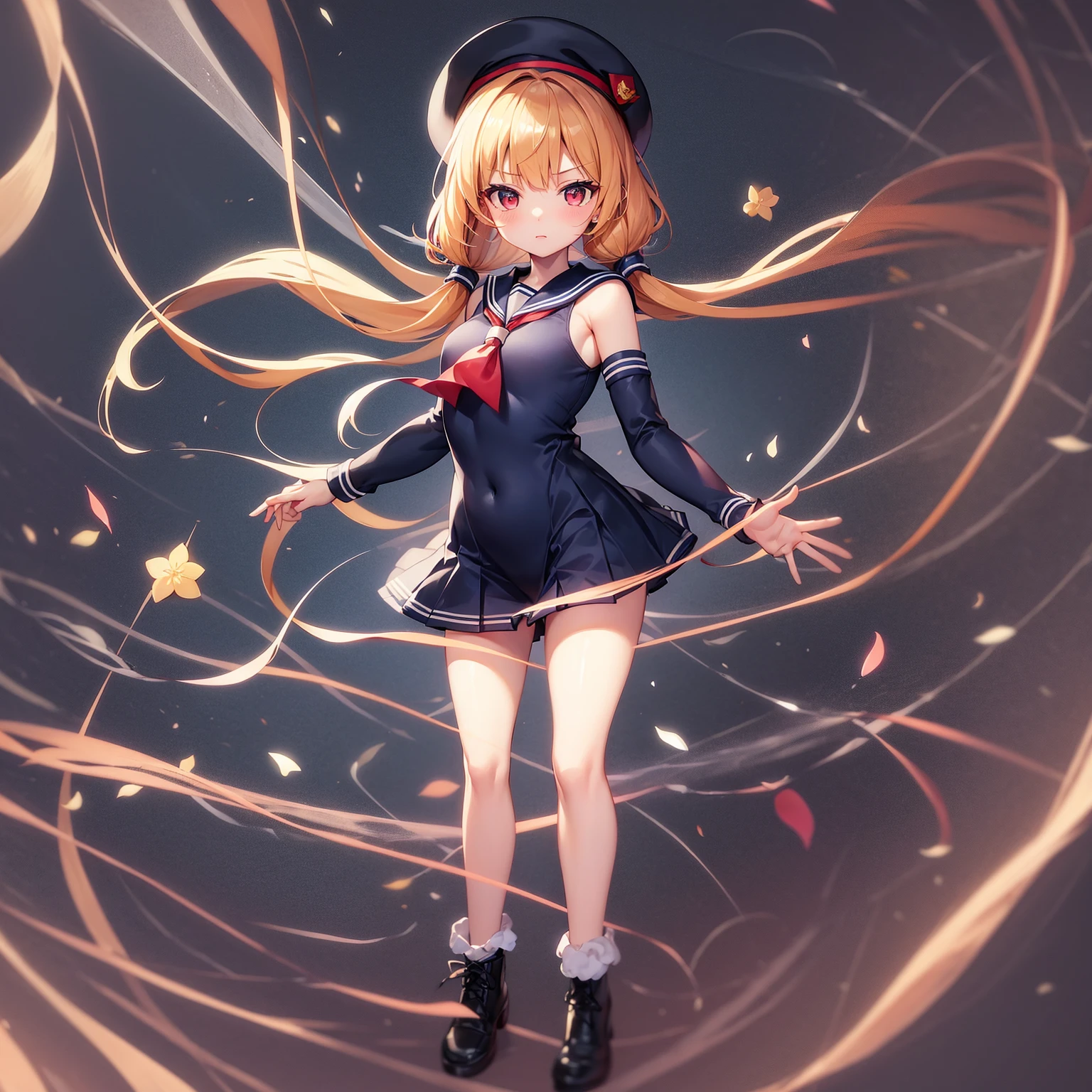 ((Sailor suit)),Big red ribbon,(Navy Mini Skirt),beret,Cute little ,Tiny Lori,Small girl,,Childish face, Very fine clean face,Top quality, Big eyes,Straight Hair,Yellow hair,Crimson Eye,(Dark Room), Subtle light, Natural light,Soft lighting,Light from directly behind, (Are standing), Cute pose, Open your hands, Showing the whole body,Front view,Black background
