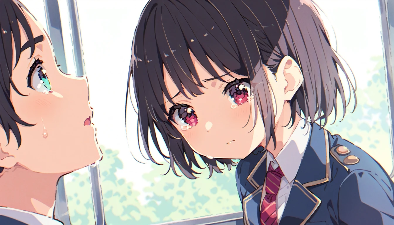 A girl with short black hair and small breasts in a blazer uniform is forced to kiss a man on a train and cries in disgust.