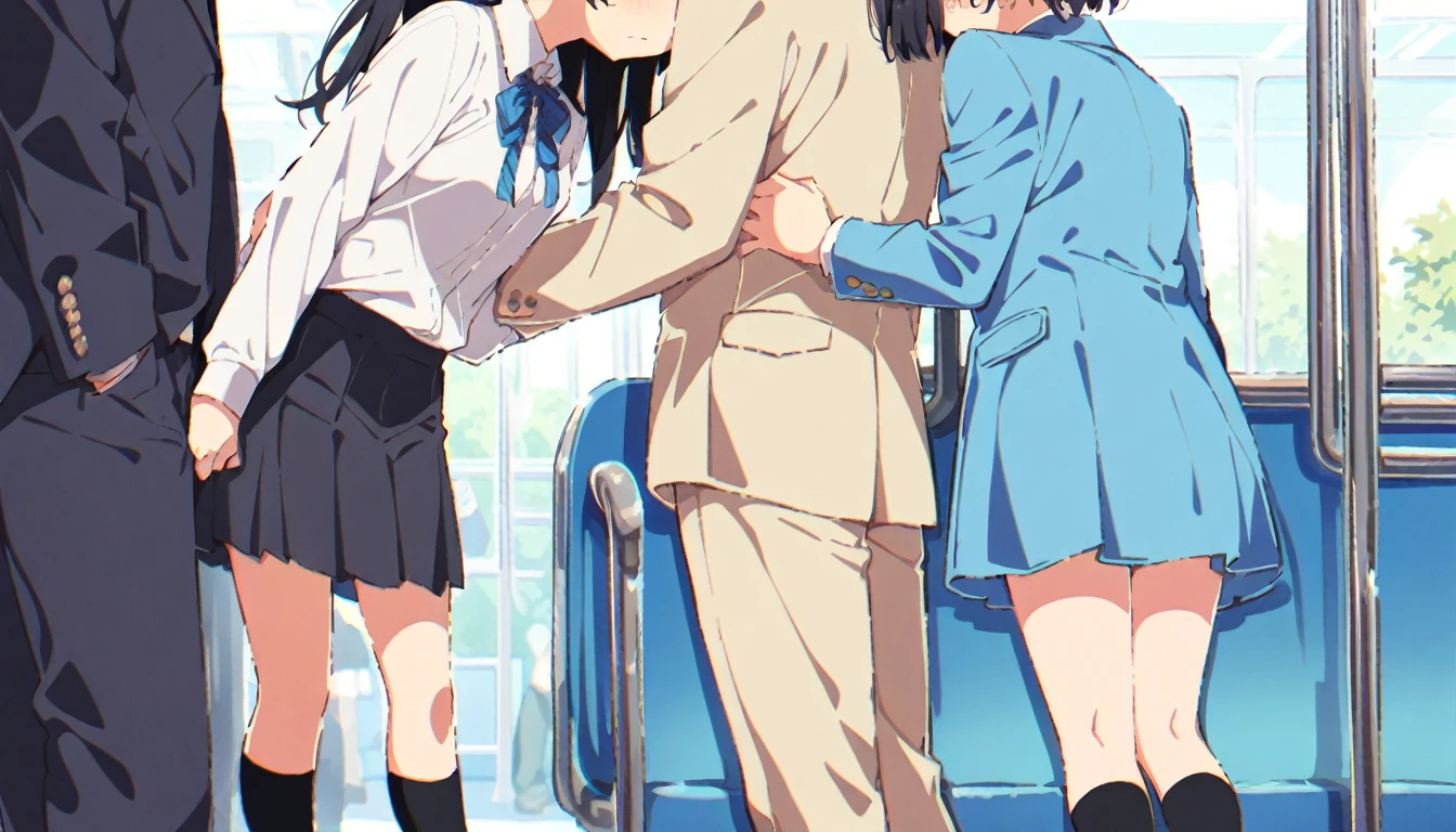 (((highest quality)))、(((NSFW)))、(((Two beautiful girls、pair、couple、anime picture、Female student、Fluffy Uniform、long hair、exposed breasts、huge ass)))、(((Two people standing and hugging each other、Touching the crotch、Grabbing the breast、Plucking nipples、Foreplay、petting)))、(((crying face、open your mouth wide、cry out、scream、shed tears、drool)))、(((sexual climax、pleasure、orgasm)))、(((Glossy udder、sexy、eroticism)))、(((crowded train、Seen by a large number of people、Full body is displayed)))