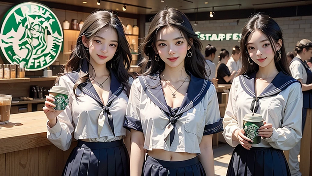 8K、RAW Photos、Highest quality、Super detailed、Super Resolution、Ultra HD、8K壁紙、Amazing details
(((Inside the Starbucks store、16 year old high school girl in sailor suit)))、Eat cake、Drink coffee、smile、Heart Necklace((Emphasize cleavage))
(Full body photo)