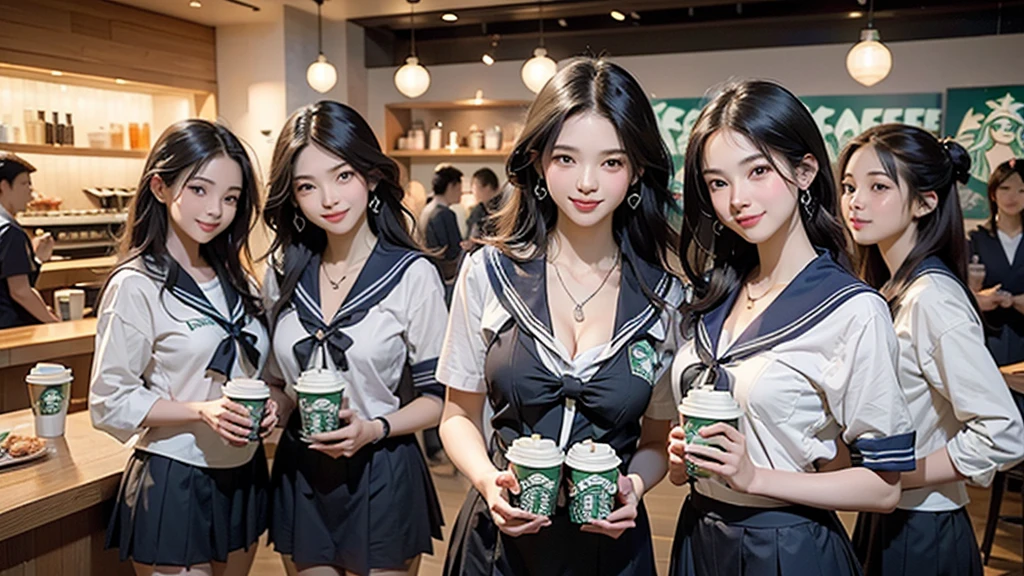 8K、RAW Photos、Highest quality、Super detailed、Super Resolution、Ultra HD、8K壁紙、Amazing details
(((Inside the Starbucks store、16 year old high school girl in sailor suit)))、Eat cake、Drink coffee、smile、Heart Necklace((Emphasize cleavage))
(Full body photo)