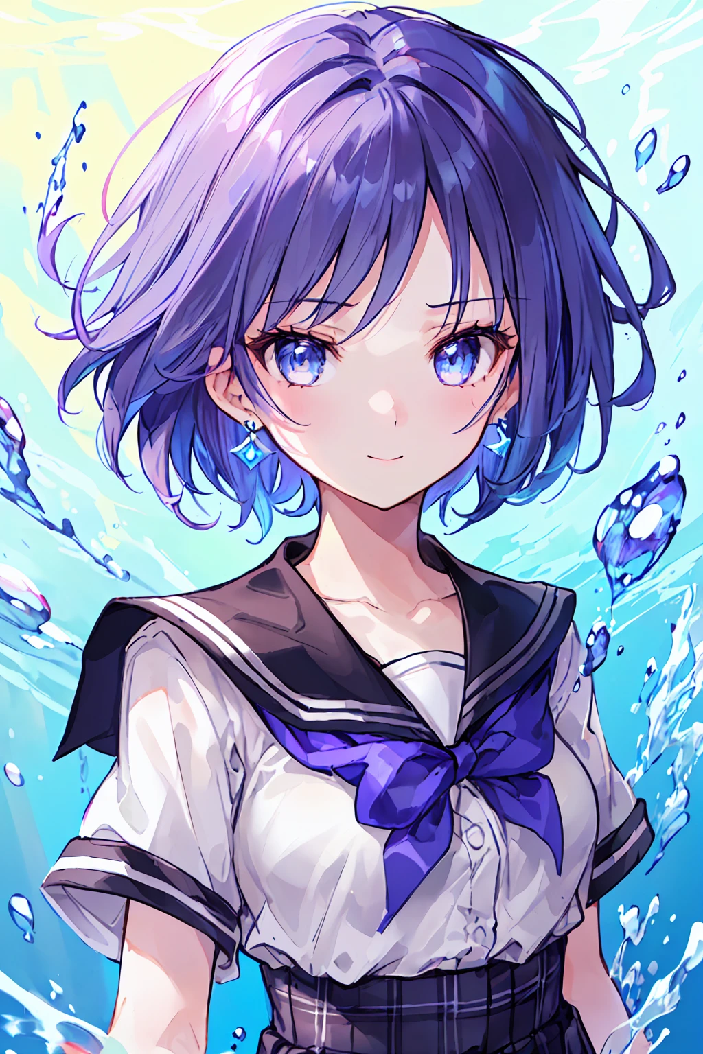 ((One girl)), (((Close-up of ezwebxtreme:1.2))),　(((Underwater))),　(((bubble))),View your viewers, floating hair, Outdoor, Wind, masterpiece, Highest quality, Awareness-raising, ((Highest quality)), ((masterpiece)), ((Ultra-detailed)), (Very delicate and beautiful), ((school uniform)),She is very(relax)with(Calm)Appearance, Depth of written boundary,A fleeting smile,, Air bubbles,bright light blue eyes,Inner color with light blue hair and dark blue tips,Cold Background, - Line art, The clothes are transparent、 (((short_hair))),((toru asakura、blue hairs、Earrings、gradation hair、multi color hair、分けた前hair、Purple hair、cardiganウエストラップ、Waist wrap、A simple, loose black tie、cardigan、Plaid、グレーのPlaidスカート、Grey pleated skirt、、Skirt、Rolled up my sleeves、Wristband)), Delicate facial features, Detailed eyes, Sharp pupils, Realistic students, Depth of written boundary, ボケ Depth of written boundary,((Perfect hands, Perfect Anatomy: 1.0)), ((Highly detailed face, Perfect Face)), (Beautiful Face:),　Sexy Body, Browsing Caution, ((One girl))