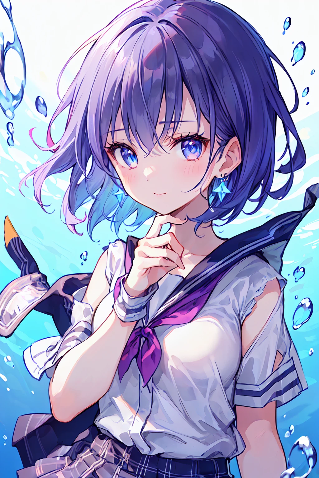 ((One girl)), (((Close-up of ezwebxtreme:1.2))), (((Underwater))), (((bubble))),View your viewers, floating hair, Outdoor, Wind, masterpiece, Highest quality, Awareness-raising, ((Highest quality)), ((masterpiece)), ((Ultra-detailed)), (Very delicate and beautiful), ((school uniform)),She is very(relax)with(Calm)Appearance, Depth of written boundary,A fleeting smile,, Air bubbles,bright light blue eyes,Inner color with light blue hair and dark blue tips,Cold Background, - Line art, The clothes are transparent、 (((short_hair))),((toru asakura、blue hairs、Earrings、gradation hair、multi color hair、分けた前hair、Purple hair、cardiganウエストラップ、Waist wrap、A simple, loose black tie、cardigan、Plaid、グレーのPlaidスカート、Grey pleated skirt、、Skirt、Rolled up my sleeves、Wristband)), Delicate facial features, Detailed eyes, Sharp pupils, Realistic students, Depth of written boundary, ボケ Depth of written boundary,((Perfect hands, Perfect Anatomy: 1.0)), ((Highly detailed face, Perfect Face)), (Beautiful Face:), Sexy Body, Browsing Caution, ((One girl))