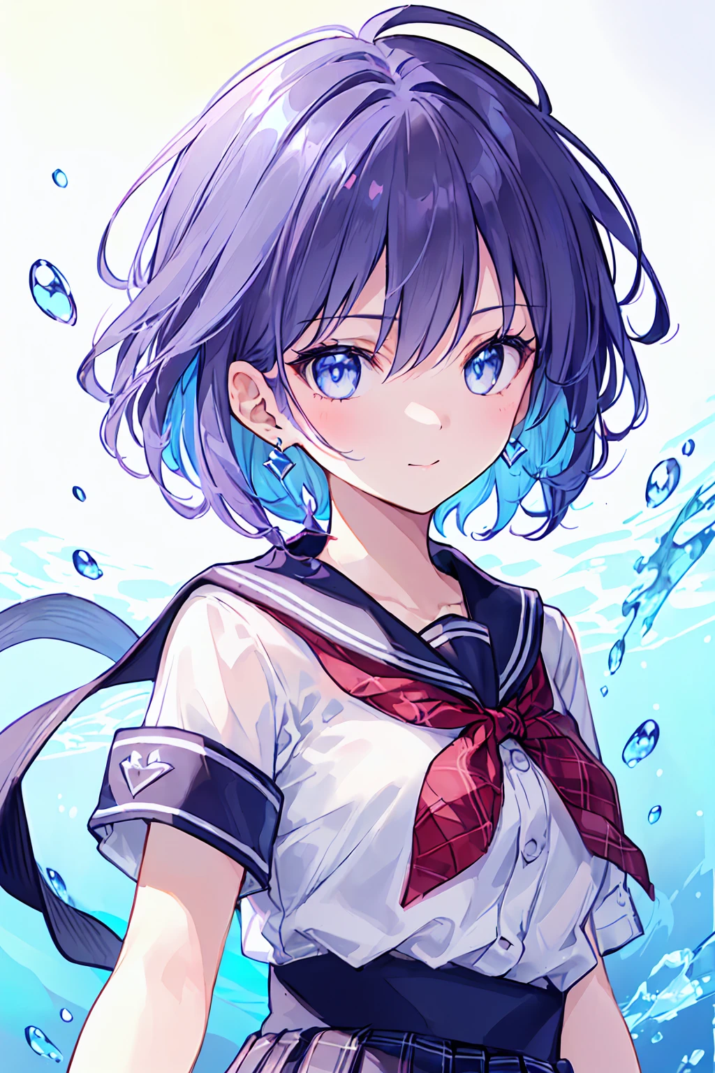 ((One girl)), (((Close-up of ezwebxtreme:1.2))), (((Underwater))), (((bubble))),View your viewers, floating hair, Outdoor, Wind, masterpiece, Highest quality, Awareness-raising, ((Highest quality)), ((masterpiece)), ((Ultra-detailed)), (Very delicate and beautiful), ((school uniform)),She is very(relax)with(Calm)Appearance, Depth of written boundary,A fleeting smile,, Air bubbles,bright light blue eyes,Inner color with light blue hair and dark blue tips,Cold Background, - Line art, The clothes are transparent、 (((short_hair))),((toru asakura、blue hairs、Earrings、gradation hair、multi color hair、分けた前hair、Purple hair、cardiganウエストラップ、Waist wrap、A simple, loose black tie、cardigan、Plaid、グレーのPlaidスカート、Grey pleated skirt、、Skirt、Rolled up my sleeves、Wristband)), Delicate facial features, Detailed eyes, Sharp pupils, Realistic students, Depth of written boundary, ボケ Depth of written boundary,((Perfect hands, Perfect Anatomy: 1.0)), ((Highly detailed face, Perfect Face)), (Beautiful Face:), Sexy Body, Browsing Caution, ((One girl))
