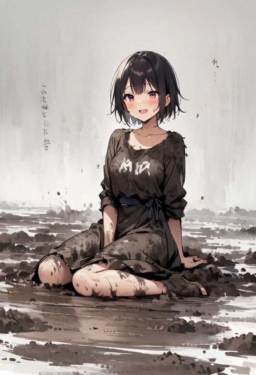 Mud Sea、legs covered in mud、There's a little bit of mud on my face、White string bikini tiny swimsuit、Underboob、Thighs、Butt、Dynamic Angle、Straw hat、Seaside、Sandy Beach、Beach、Baby Face、smile、sunlight、Both eyes open