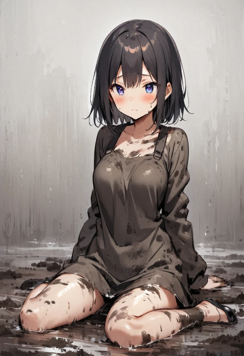 Mud Sea、legs covered in mud、There&#39;s a little bit of mud on my face、White string bikini tiny swimsuit、Underboob、Thighs、Butt、Dynamic Angle、Straw hat、Seaside、Sandy Beach、Beach、Baby Face、smile、sunlight、Both eyes open
