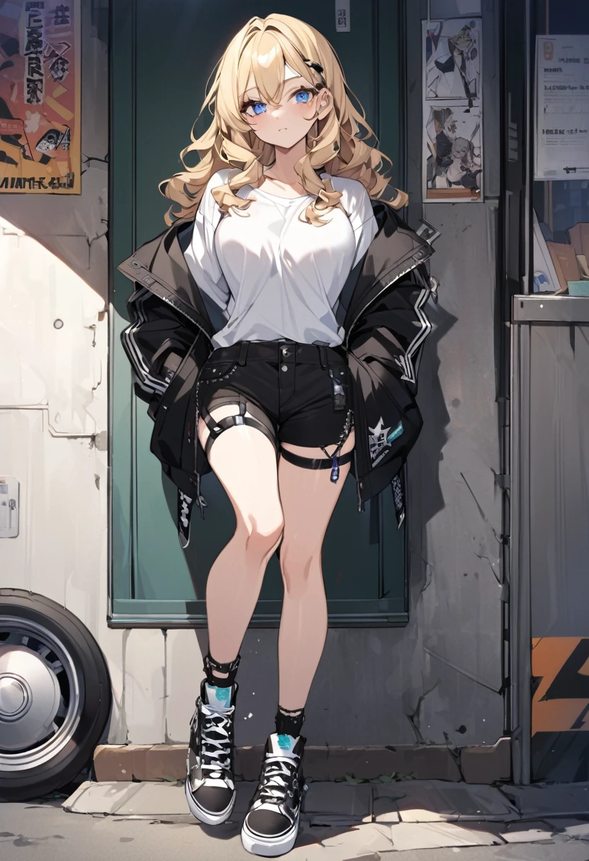Blonde Wavy Hair Blue Eyes Fair skin Break Mature cute beautiful girl 17 years old 164㎝ Punk Fashion Black jacket(Take off on shoulder) White Shirt black hot pants Large Breasts Beautiful feet thin feet Black sneakers