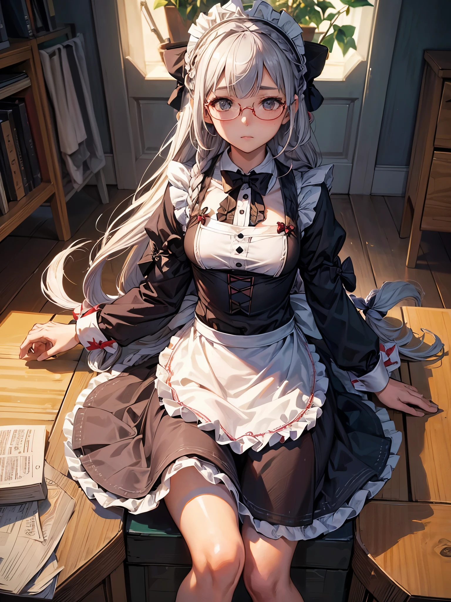 ((Highest quality)),(Ultra-high resolution),(Ultra-detailed new),(Detailed Description),((The best CG)),(masterpiece),Highly detailed art,A wonderful new art form,(Art with precise details:1.5), (Maid:1.7),(Cheerful:1.4),(Two braided long hair:1.6),(クラシカルMaid服:1.3),(Long skirt:1.4),(Under-rim glasses:1.4),((bow:1.6)), antique:1.3,Solemn:1.1,