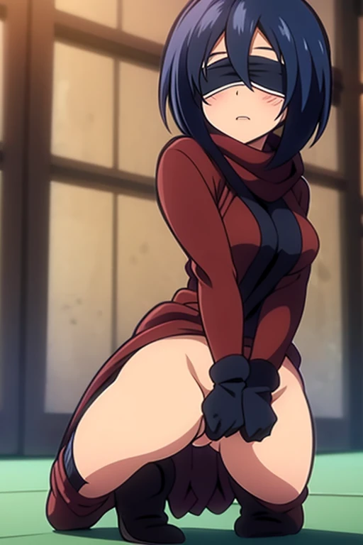 tennis girl in tight mini virgin killer sweater, rear butt anus, showing her anus, on her knees, wearing oven mittens tucked in pockets, blindfold