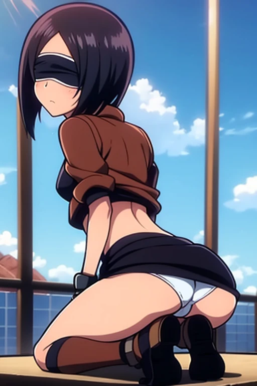 tennis girl in tight mini virgin killer sweater, rear butt anus, showing her anus, on her knees, wearing oven mittens tucked in pockets, blindfold
