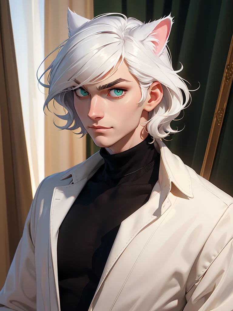 (best quality), 1boy, pale skin, black hair, medium hair, curtain hair, tousled hair, green eyes, perfect eyes, dark circles under eyes, tall, slender, handsome, strong jawline, lazy, light smile, attractive, (cat ears), turtleneck sweater, masterpiece, anatomically correct, highres
