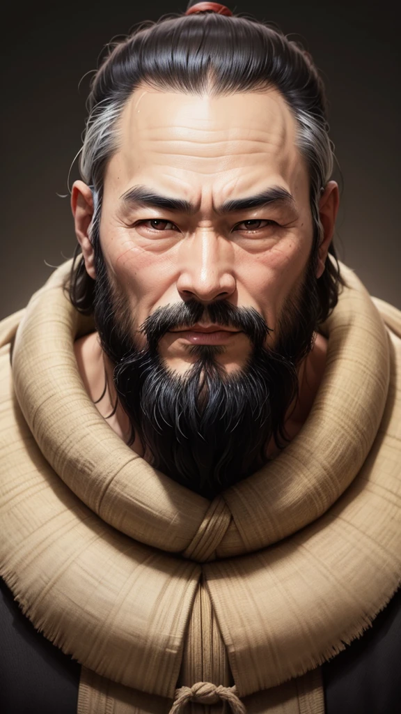 Eastern man, ancient Chinese thinker, full cheeks, thin, middle-aged, beard, beard, slanted eyes