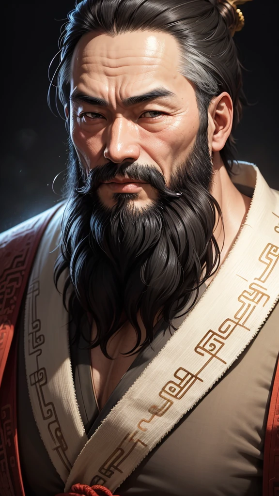 Eastern man, ancient Chinese thinker, full cheeks, thin, middle-aged, beard, beard, slanted eyes