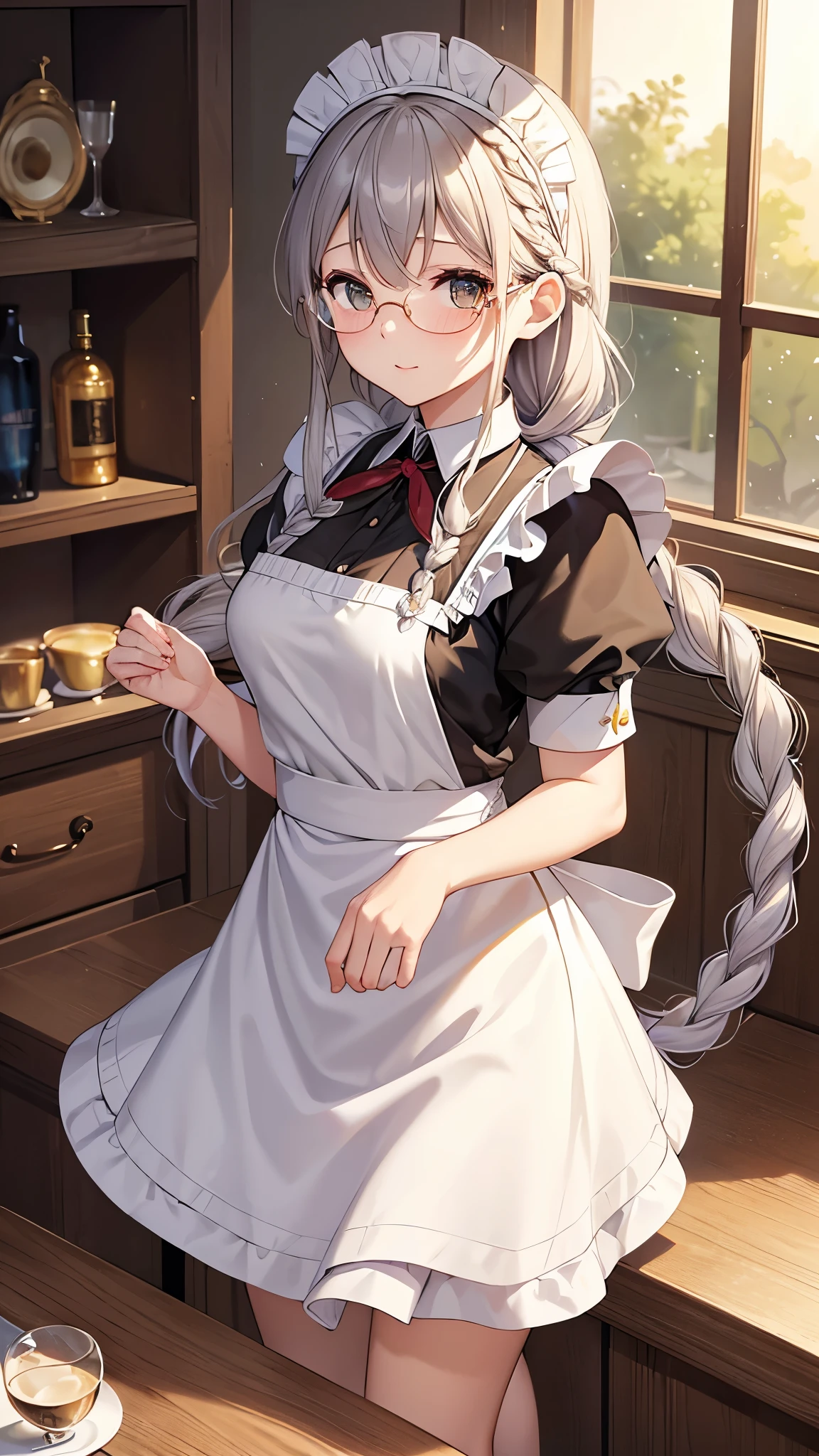 ((Highest quality)),(Ultra-high resolution),(Ultra-detailed new),(Detailed Description),((The best CG)),(masterpiece),Highly detailed art,A wonderful new art form,(Art with precise details:1.5), (Maid:1.7),(Cheerful:1.4),(Two braided long hair:1.6),(クラシカルMaid服:1.3),(Long skirt:1.4),(Under-rim glasses:1.4), antique:1.3,Solemn:1.1,