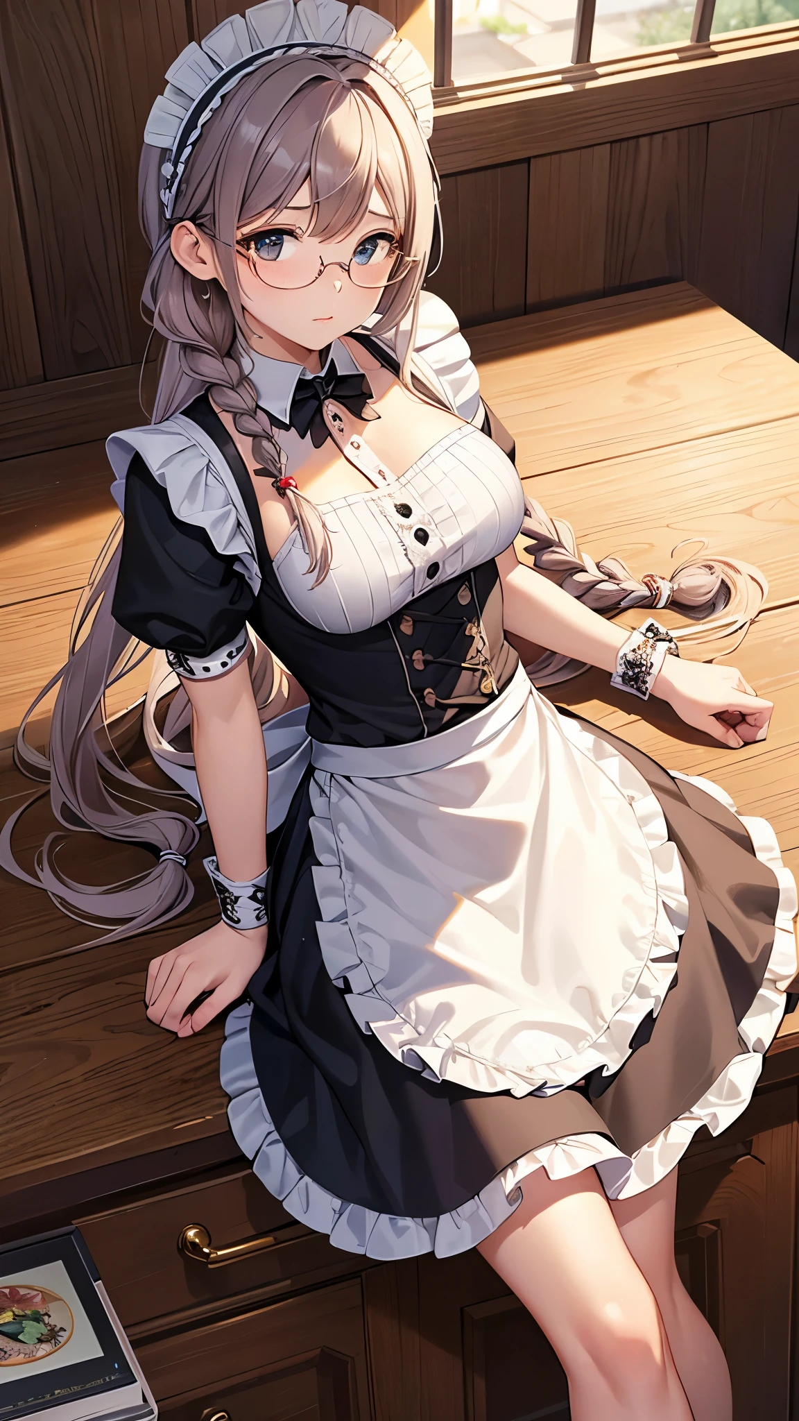((Highest quality)),(Ultra-high resolution),(Ultra-detailed new),(Detailed Description),((The best CG)),(masterpiece),Highly detailed art,A wonderful new art form,(Art with precise details:1.5), (Maid:1.7),(Cheerful:1.4),(Two braided long hair:1.6),(クラシカルMaid服:1.3),(Long skirt:1.4),(Under-rim glasses:1.4), antique:1.3,Solemn:1.1,
