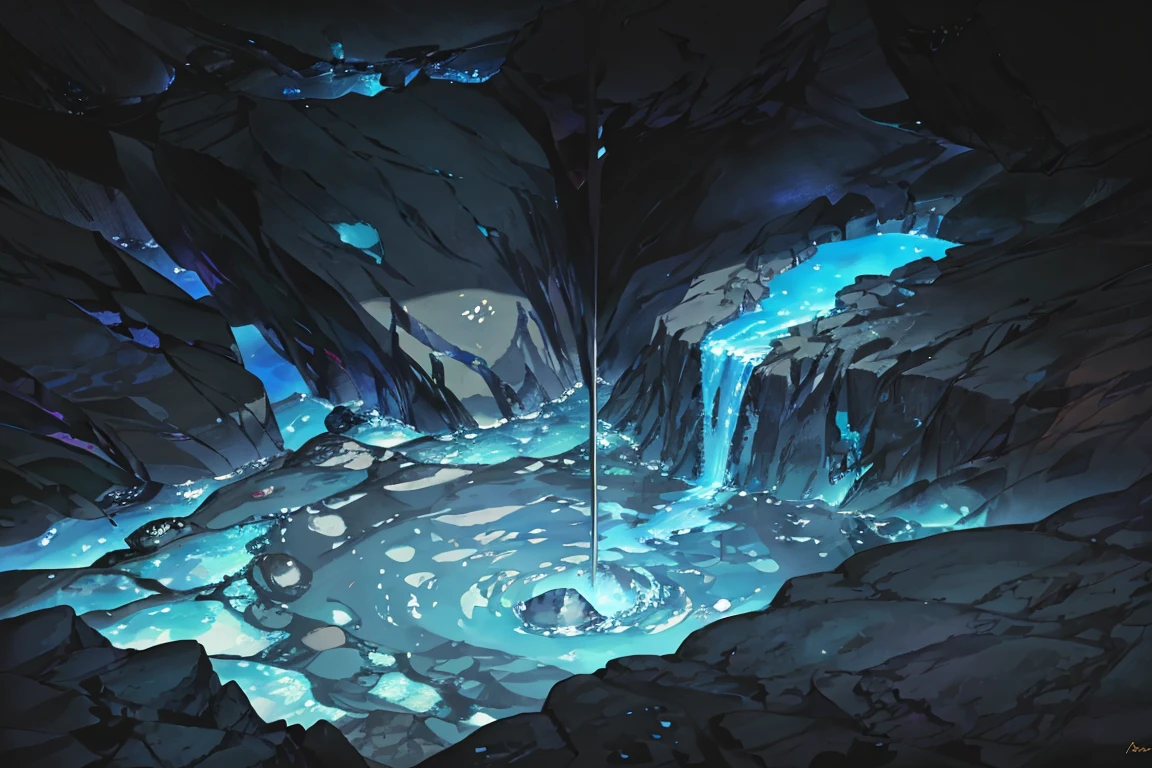 summer, blue lava rock area, blue lava rock, (illustration : 1.0), Narrative construction, realistic lighting, HD detail, masterpiece, best quality best, (Highly detailed CG integrated 8k wallpaper), wide and flat rocky area, small, sharp, rough rock at top of screen., Blue liquid flowing through a crevice in the rock,
