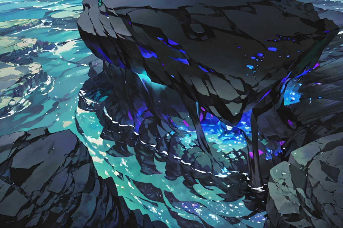 summer, blue lava rock area, blue lava rock, (illustration : 1.0), Narrative construction, realistic lighting, HD detail, masterpiece, best quality best, (Highly detailed CG integrated 8k wallpaper), wide and flat rocky area, small, sharp, rough rock at top of screen., Blue liquid flowing through a crevice in the rock,