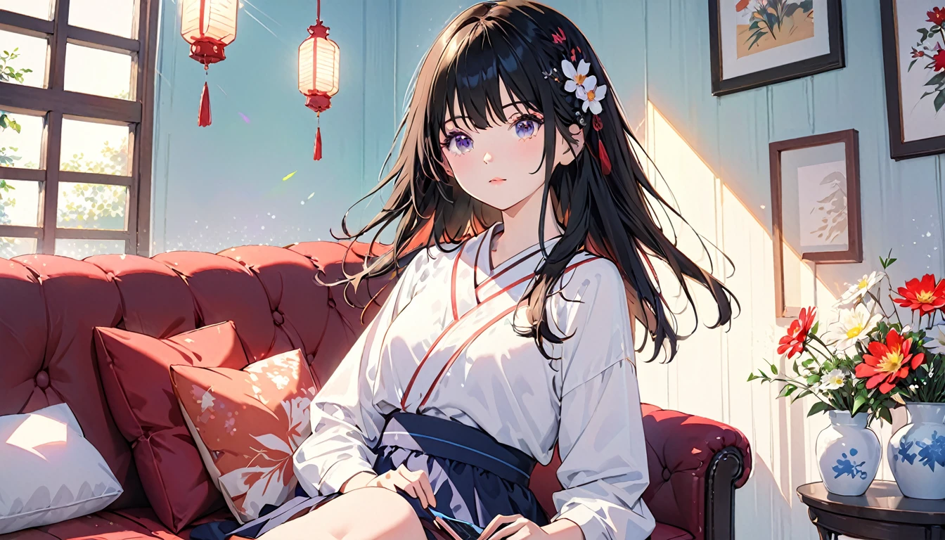 (Absurd:1.1, High resolution:1.1, 超detailed:1.1), 非常にdetailedな, 超detailed hair, (Fine grain:1.4), (Shining Eyes:1.3), thin, cute, Perfectly symmetrical face, narr○w waist, 超cute girl, 超cute face, 超cute, Super beautiful, Beautiful colors, merry (Yanmar gauge),From wlop,((Great quality)), (Beautiful legs),Sitting,smartphone,Upper body rest (Beautiful colors,detailed,Highest quality,Great quality,so beautiful), shirt, sofa, Lighting and Shadows,(perspective),Lighting particles,colorful,masterpiece,