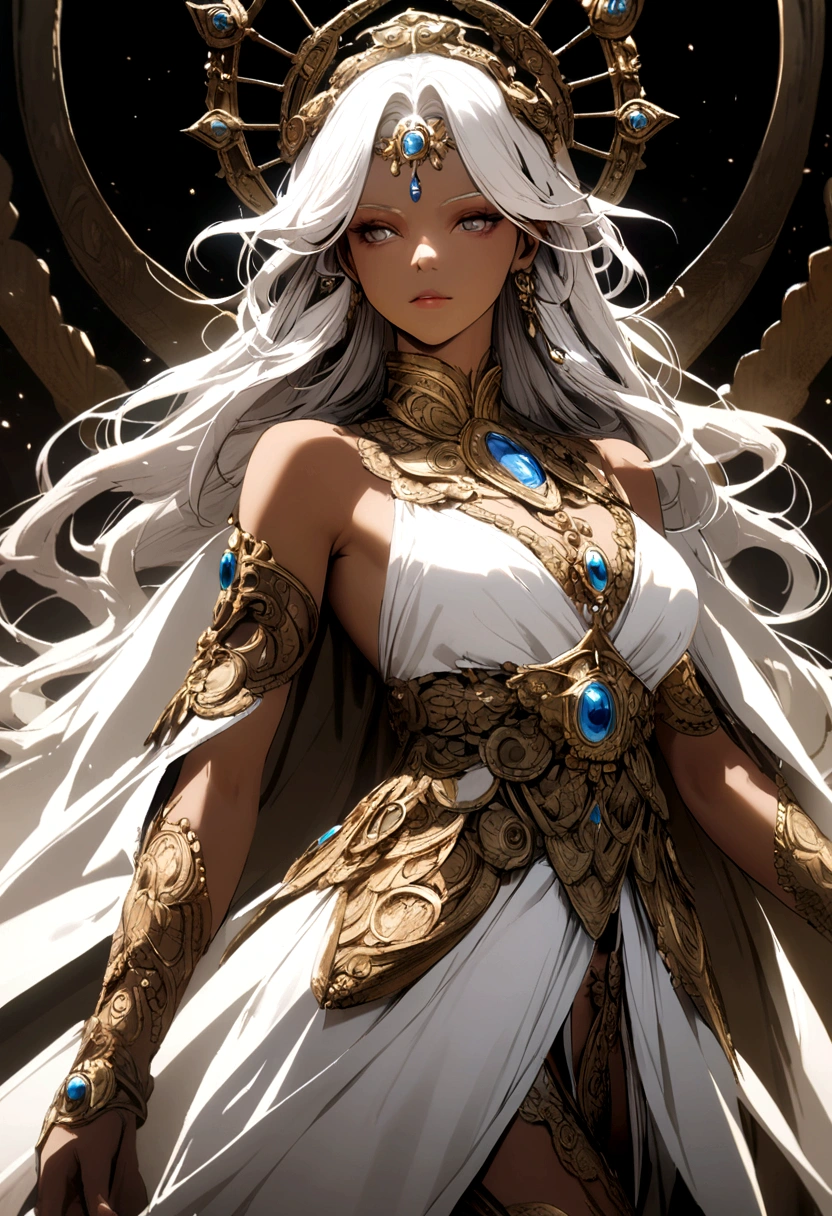deity with tanned skin and long white hair