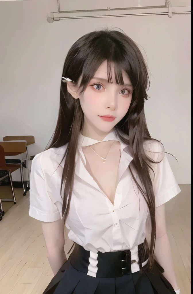 Beautiful woman with perfect body：1.4，Layered Hairstyle，Highly detailed face and skin textures，Double eyelids，Skin Whitening，Long hair，Whitened long legs，（Golden school uniform，Collar），Standing in the classroom