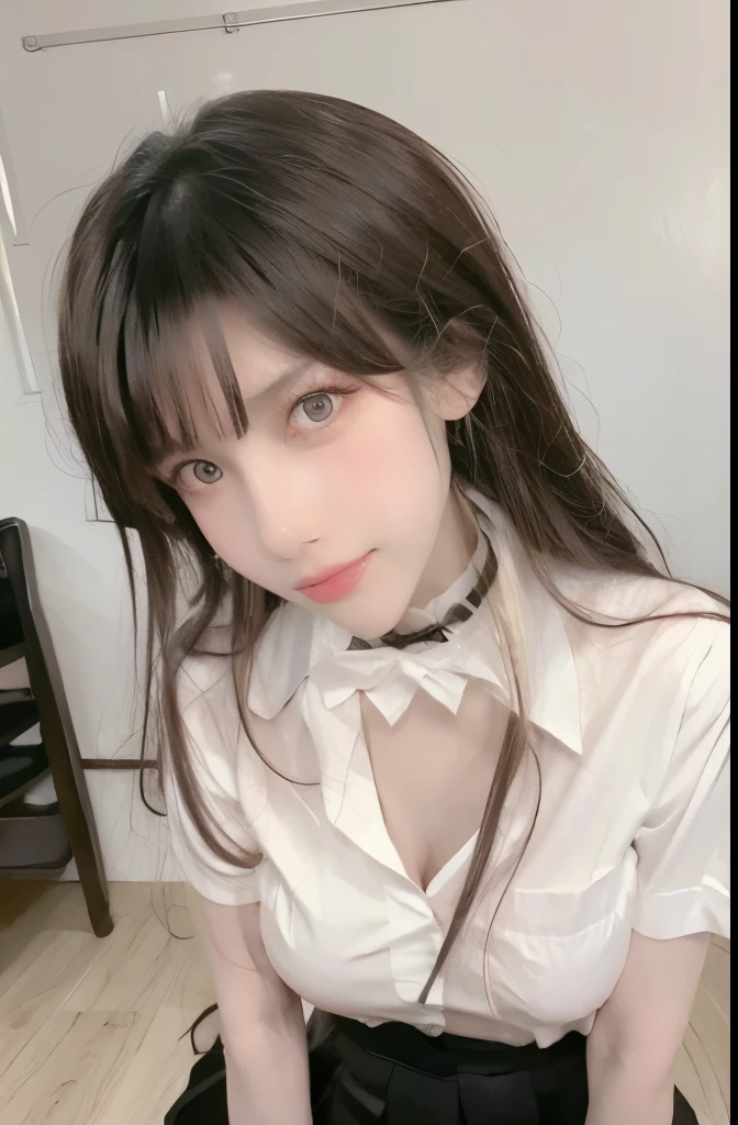 Beautiful woman with perfect body：1.4，Layered Hairstyle，Highly detailed face and skin textures，Double eyelids，Skin Whitening，Long hair，Whitened long legs，（Golden school uniform，Collar），Standing in the classroom