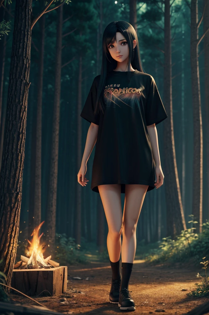 a beautiful female, black oversized t-shirt, beautiful face, beautiful legs, long black hair, deep brown eyes, goth, full body, colorful colors, detailed background beautiful, camping, pine forest, fireflies, countryside, night time, high quality, 8K Ultra HD, 3D effect, A digital illustration of anime style, soft anime tones, Atmosphere like Kyoto Animation, luminism, three dimensional effect, luminism, 3d render, octane render, Isometric, awesome full color, delicate and anime character expressions