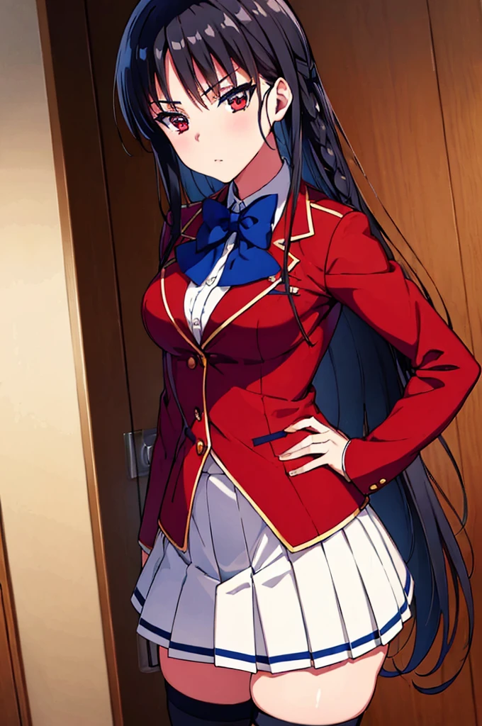 (masterpiece, best quality:1.5), (ultra detailed:1.4), super fine illustration, (official art:1.2), (anime screencap:1.2), detailed beautiful face and eyes, anime keyvisual, perfect anatomy, 8k portrait, (cowboy shot:1.3),
1girl,
Suzune Horikita,
Suzune Horikita \(youjitsu\),
long hair, braid,
black hair,
(red eyes, slant eyes, small eyes),
blue bow,
medium breasts,
red jacket, pleated white skirt, black thigh-high socks,
looking at viewer,
perfect light, background of indoors, dynamic pose,