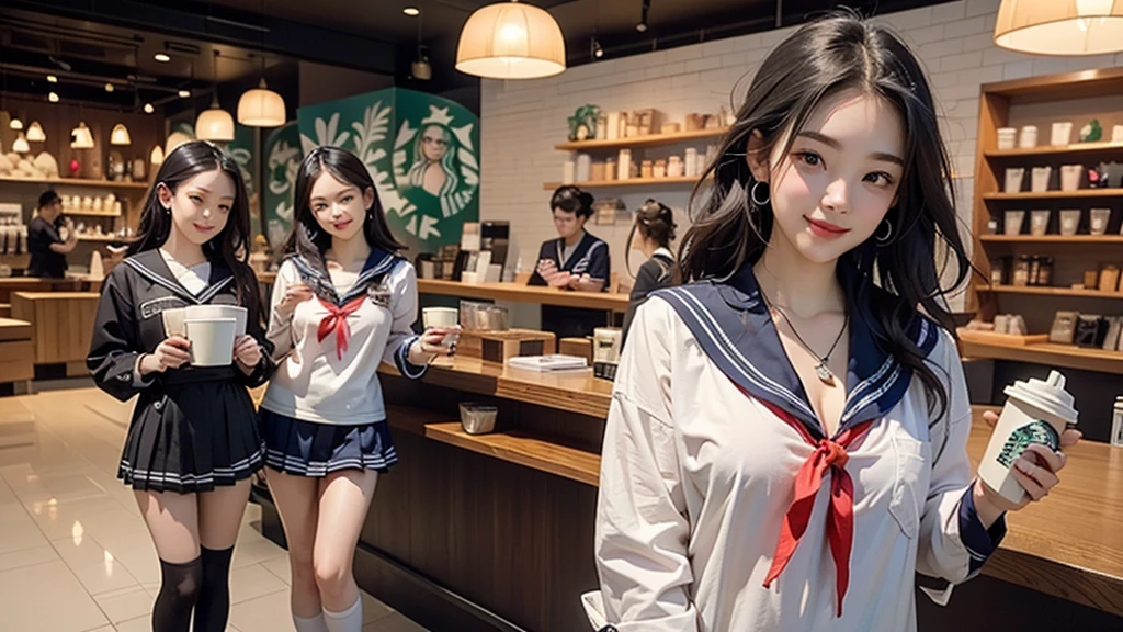 8K、RAW Photos、Highest quality、Super detailed、Super Resolution、Ultra HD、8K壁紙、Amazing details
(((Inside the Starbucks store、16 year old high school girl in sailor suit)))、Eat cake、Drink coffee、smile、Heart Necklace((Emphasize cleavage))
(Full body photo)