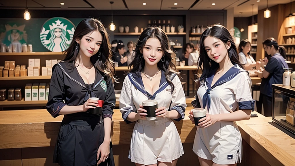 8K、RAW Photos、Highest quality、Super detailed、Super Resolution、Ultra HD、8K壁紙、Amazing details
(((Inside the Starbucks store、16 year old high school girl in sailor suit)))、Eat cake、Drink coffee、smile、Heart Necklace((Emphasize cleavage))
(Full body photo)