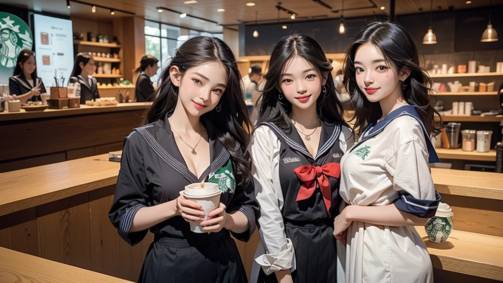 8K、RAW Photos、Highest quality、Super detailed、Super Resolution、Ultra HD、8K壁紙、Amazing details
(((Inside the Starbucks store、16 year old high school girl in sailor suit)))、Eat cake、Drink coffee、smile、Heart Necklace((Emphasize cleavage))
(Full body photo)