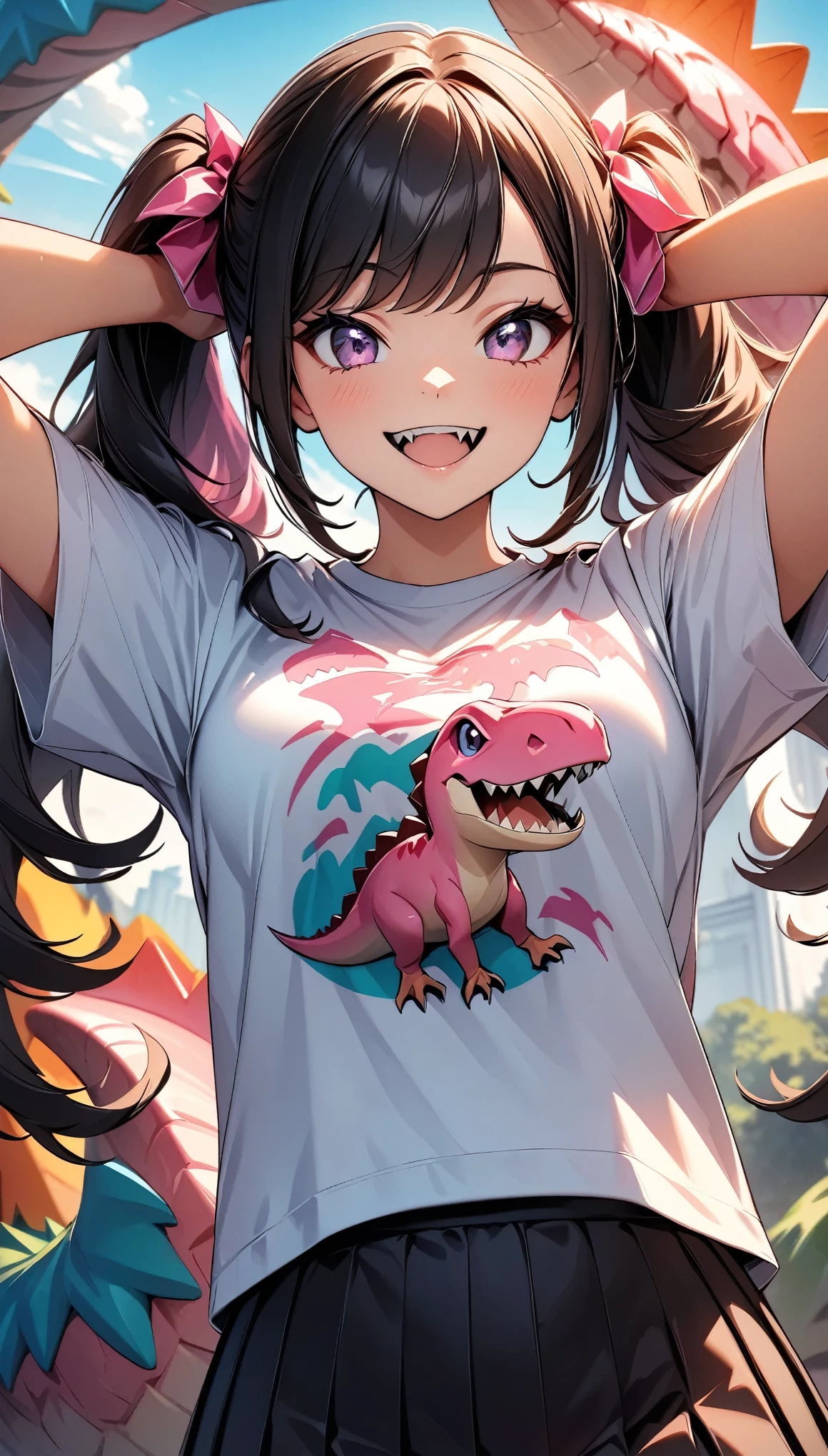 (Highest quality:1.2, Very detailed, Latest, Vibrant, Ultra-high resolution, High Contrast, masterpiece:1.2, Highest quality, Best aesthetics), (((1 girl))), Beautiful woman, (smile), Bright color palette, Colorful art, Black Hair, Twin tails, girl, Dinosaur print on T-shirt, Pink Dinosaurが描かれたTシャツ, (Hands behind head, Show off your t-shirt design), JK, ((Pink Dinosaur:1.6, Dinosaur characters)), Expression of joy, bark, Sharp Fangs, Pink scale dinosaur illustration, Random Action, Fantasy, Dutch Angle, Pop Art.