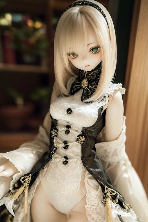 photorealistic, realistic photo, (sfw:2), ((highest quality)), ((masterpiece)), (extremely detailed), kukolnydom, doll, (mature woman:1.6), cowboy shot, solo, (skinny, slender, dress), green eyes, almond eyes, hairband, light smile, (model pose, looking away, blank eyes, empty eyes, detailed eyes:1.3), museum, 8k