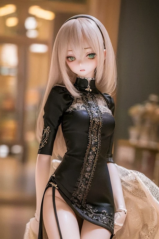 photorealistic, realistic photo, (sfw:2), ((highest quality)), ((masterpiece)), (extremely detailed), kukolnydom, doll, (mature woman:1.6), cowboy shot, solo, (skinny, slender, dress), green eyes, almond eyes, light smile, (model pose, looking away, blank eyes, empty eyes, detailed eyes, medium hair, wolf cut:1.3), museum, 8k