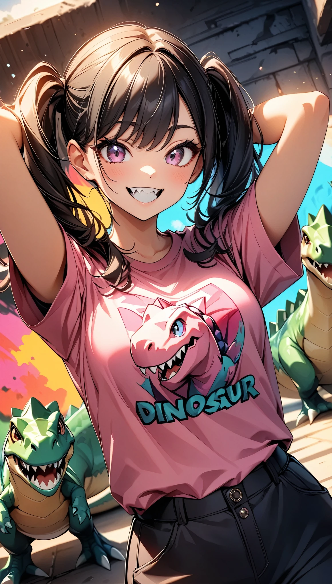 (Highest quality:1.2, Very detailed, Latest, Vibrant, Ultra-high resolution, High Contrast, masterpiece:1.2, Highest quality, Best aesthetics), (((1 girl))), Beautiful woman, (smile), Bright color palette, Colorful art, Black Hair, Twin tails, girl, Dinosaur print on T-shirt, Pink dinosaur T-shirt:1.6, (Hands behind head, Show off your t-shirt design), JK, (Dinosaur characters), Expression of joy, bark, Sharp Fangs, Pink scale dinosaur illustration, Random Action, Fantasy, Dutch Angle, Pop Art.