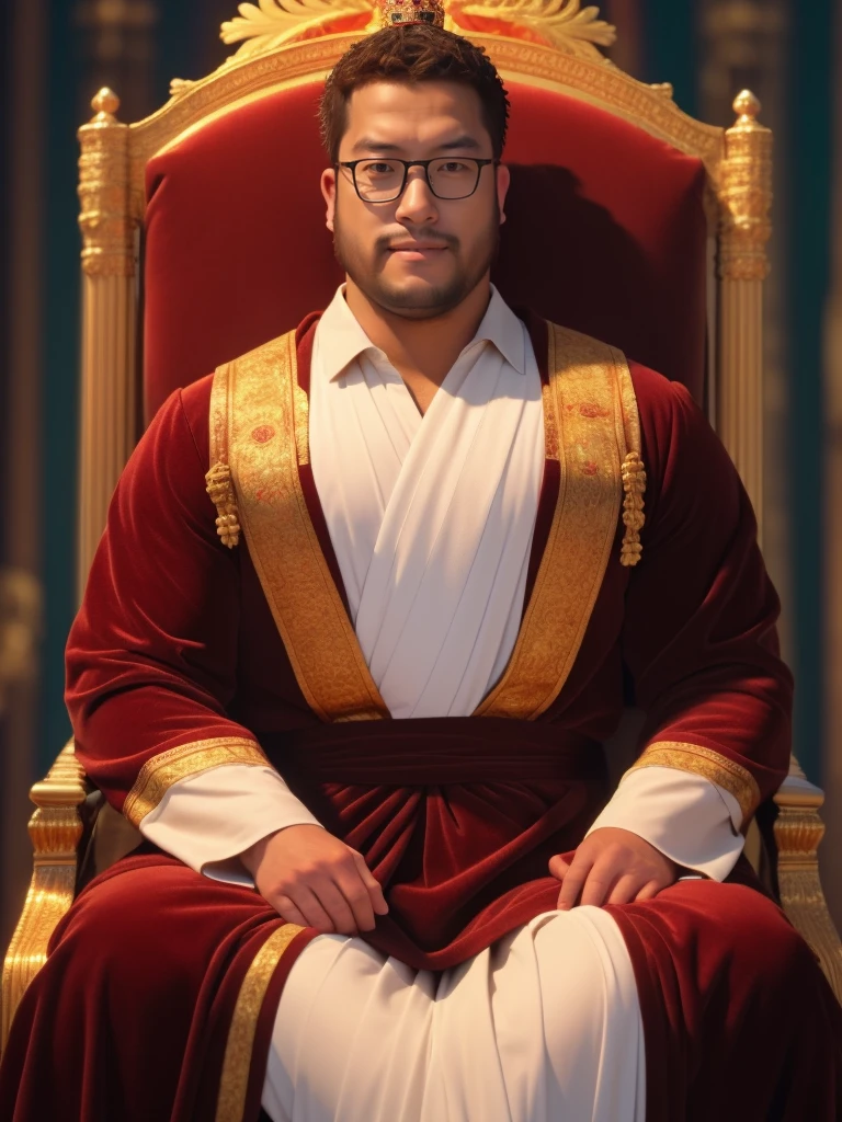 crew cut, (((full body))), mature man, [slightly fat], asian man, brown eyes, rounded face, glasses, slightly balding, (big shoulders), (((stubbles, Short beard))), (((full beard))), (Beautiful eyes:1.3), (Detailed face:1.3), king costume, in the royal palace, throne, red king robe, a crown on his head,