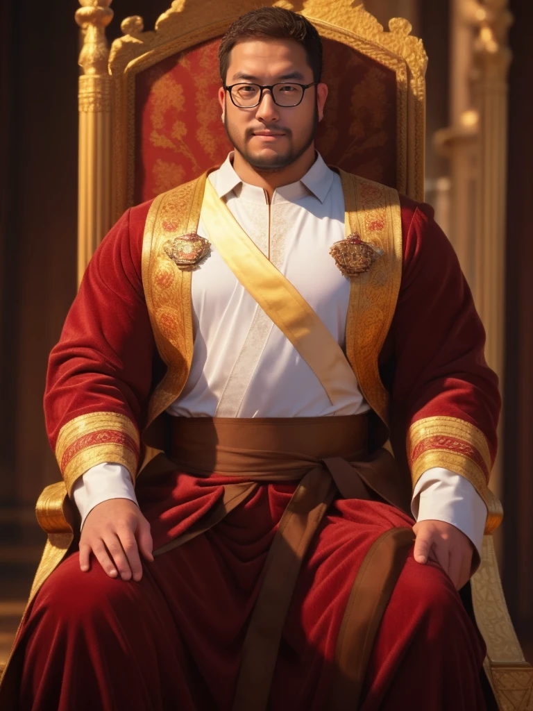 crew cut, (((full body))), mature man, [slightly fat], asian man, brown eyes, rounded face, glasses, slightly balding, (big shoulders), (((stubbles, Short beard))), (((full beard))), (Beautiful eyes:1.3), (Detailed face:1.3), king costume, in the royal palace, throne, red king robe, a crown on his head,