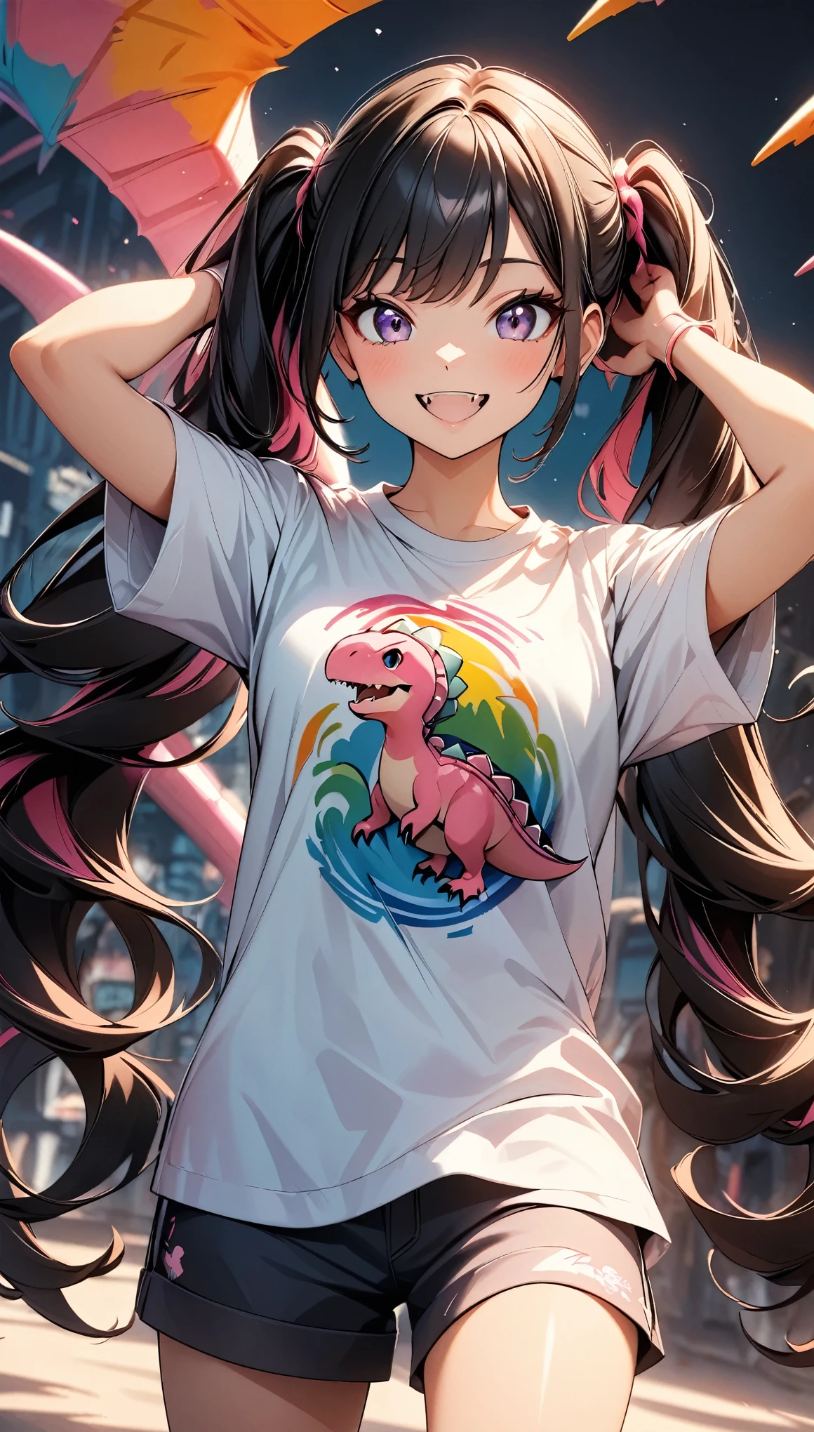 (Highest quality:1.2, Very detailed, Latest, Vibrant, Ultra-high resolution, High Contrast, masterpiece:1.2, Highest quality, Best aesthetics), (((1 girl))), Beautiful woman, (smile), Bright color palette, Colorful art, Black Hair, Twin tails, girl, Dinosaur print on T-shirt, Pink Dinosaurが描かれたTシャツ, (Hands behind head, Show off your t-shirt design), JK, ((Pink Dinosaur:1.6, Dinosaur characters)), Expression of joy, bark, Sharp Fangs, Pink scale dinosaur illustration, Random Action, Single color background:1.2, Dutch Angle, Pop Art.