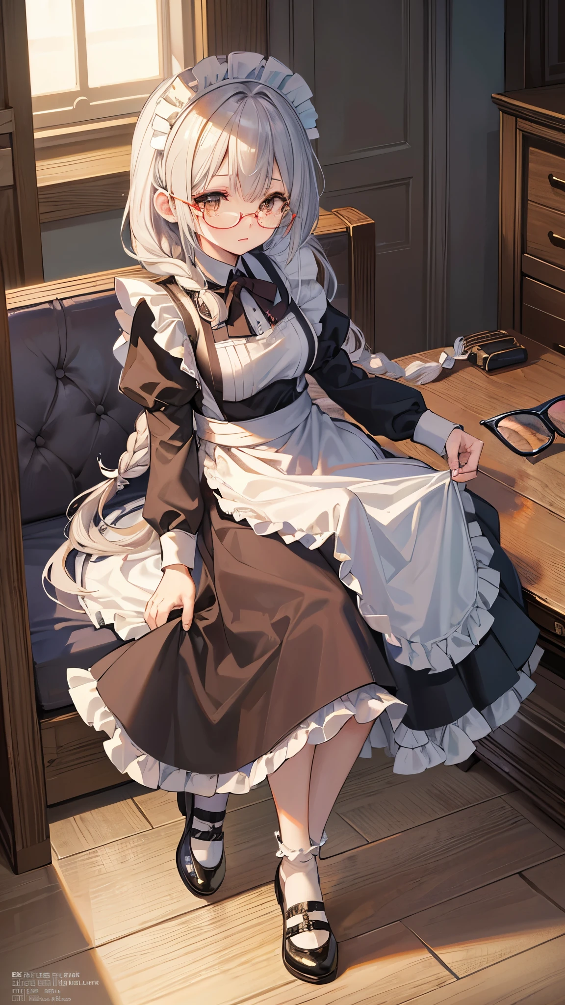 ((Highest quality)),(Ultra-high resolution),(Ultra-detailed new),(Detailed Description),((The best CG)),(masterpiece),Highly detailed art,A wonderful new art form,(Art with precise details:1.5), (Maid:1.7),(Cheerful:1.4),(Two braided long hair:1.6),(クラシカルMaid服:1.3),(Long skirt:1.4),(Under-rim glasses:1.4), antique:1.3,Solemn:1.1,