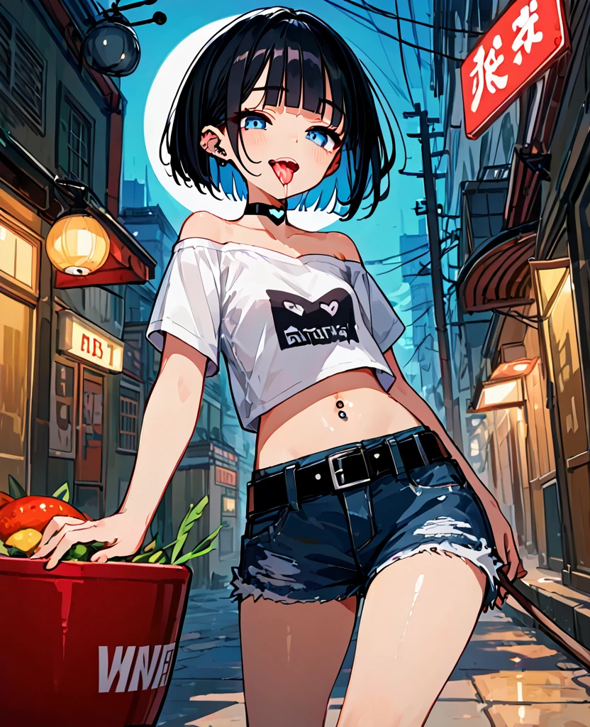 score_9, score_8_up,score_7_up, masterpiece, best quality, 1girl, standing,open mouth,(Drool:1.5),(stick out tongue,:p),arm behind back, cityscape, back alley, at night, moon, glowing neon sign,
BREAK
tween, small breasts, blunt bangs, bowl cut, hime cut, (short hair:1.2), (black hair:1.2), blue eyes, (tsurime:1.3), navel piercing, ear piercing, tongue piercing,
grin, smile, blush, half-closed eyes,slutty,nsfw,
BREAK
punk fashion, (off shoulder t-shirt:1.2),(white t-shirt:1.2), short sleeves,
crop top, collarbone, heart choker, strapless, navel, midriff,
BREAK
denim, black belt, chain,shiny skin,(bare foot,foot focus),