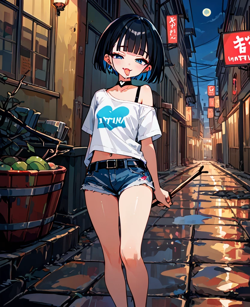 score_9, score_8_up,score_7_up, masterpiece, best quality, 1girl, standing, Holding ramen in hand and showing it to the viewer,cityscape, back alley, at night, moon, glowing neon sign,
BREAK
tween, small breasts, blunt bangs, bowl cut, hime cut, (short hair:1.2), (black hair:1.2), blue eyes, (tsurime:1.3), navel piercing, ear piercing, tongue piercing,
grin, smile, blush, half-closed eyes,slutty,nsfw,
BREAK
punk fashion, (off shoulder t-shirt:1.2),(white t-shirt:1.2), short sleeves,
crop top, collarbone, heart choker, strapless, navel, midriff,
BREAK
denim, black belt, chain,shiny skin,(bare foot,foot focus),