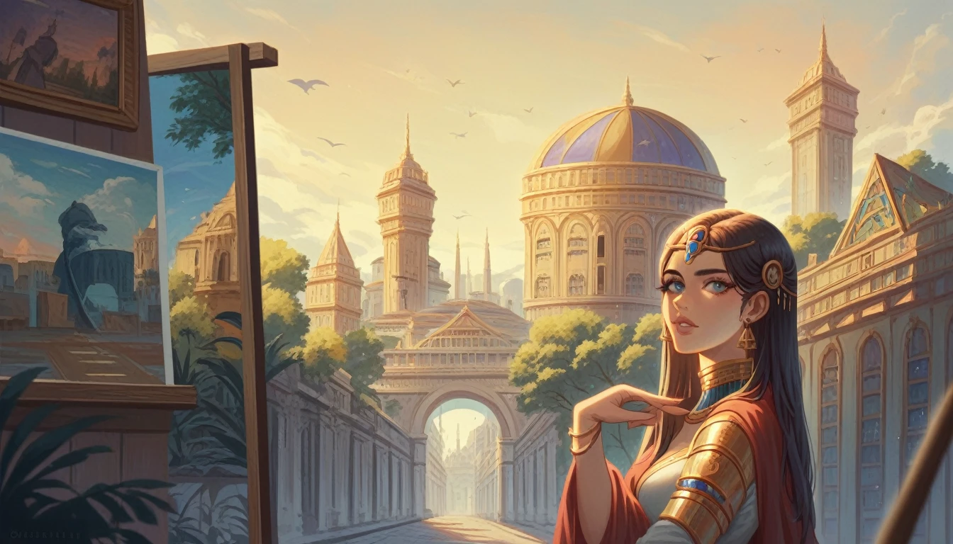a painting of a street scene with a camel and a veiled woman, arabische Kunst, Paintings of Samarkand, von Kerembeyit, inspired von Kerembeyit, a beautiful artwork illustration, von Ahmed Karahisari, realistische Fantasieillustration, 4K hochdetaillierte digitale Kunst, von Alexander Kucharsky, colorful ancient Egyptian city, beautiful digital artwork