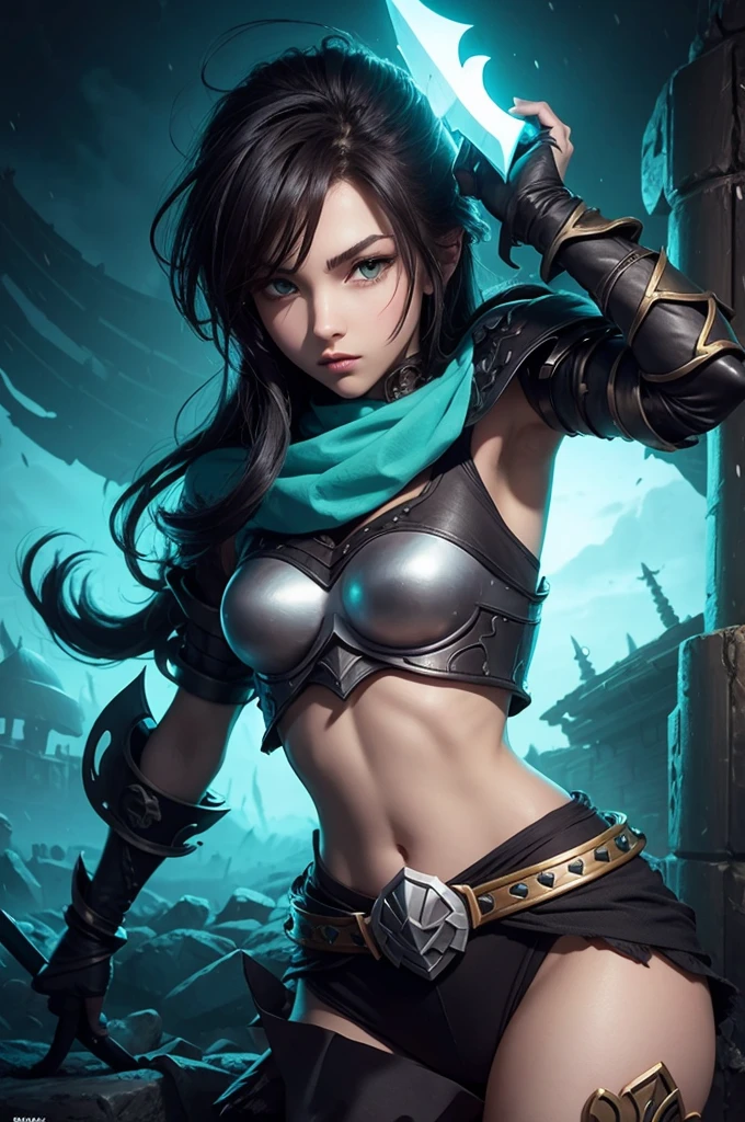(best quality), (wide angle), (action shot), Diablo 4, a dual wielding female rogue, fighting with (neon blue 1:1) frost daggers HDR, 4k, UHD, 3D