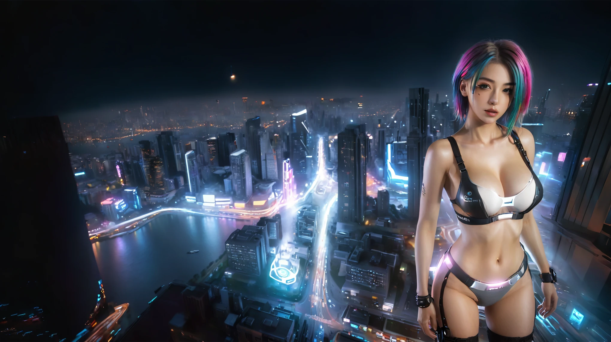 (Realistic:1.4) cyberpunk girl images, (highest quality, 8k, 32k, masterpiece) , (Dynamic pose), ((Front camera)), Cowboy Shot, Shapeless hair, Multicolored Hair, Depth of written interface f/1.8, high angle view of Cyberpunk city (((((at night))))) as background. (((1girl, solo))), photo realistic, (large-breast slim body, cleavage), (((full bra top, extreamly short pleated (((miniskirt))) exposing panty))), (((((((aiming at viewer with a (pistol), (looking at camera)))))))), (((((half-body (thigh level) medium shot))))), (cinematic lighting).