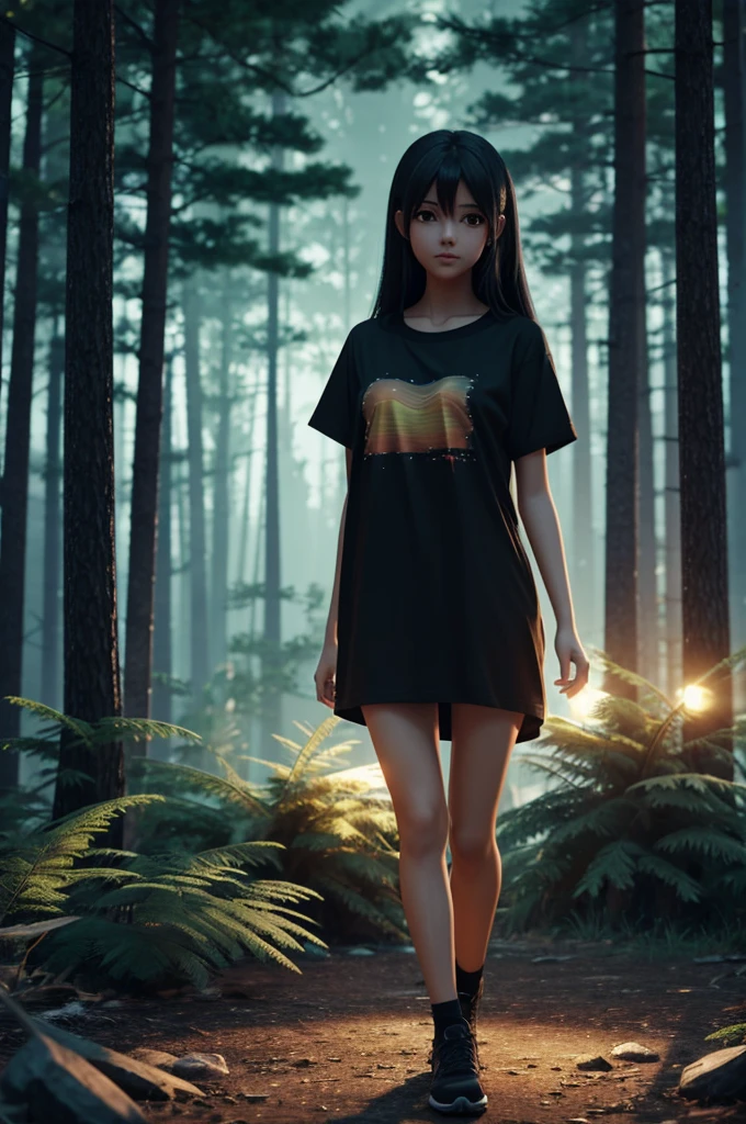 a beautiful female, black oversized t-shirt, beautiful face, beautiful legs, long black hair, deep brown eyes, goth, full body, colorful colors, detailed background beautiful, camping, pine forest, fireflies, countryside, night time, high quality, 8K Ultra HD, 3D effect, A digital illustration of anime style, soft anime tones, Atmosphere like Kyoto Animation, luminism, three dimensional effect, luminism, 3d render, octane render, Isometric, awesome full color, delicate and anime character expressions