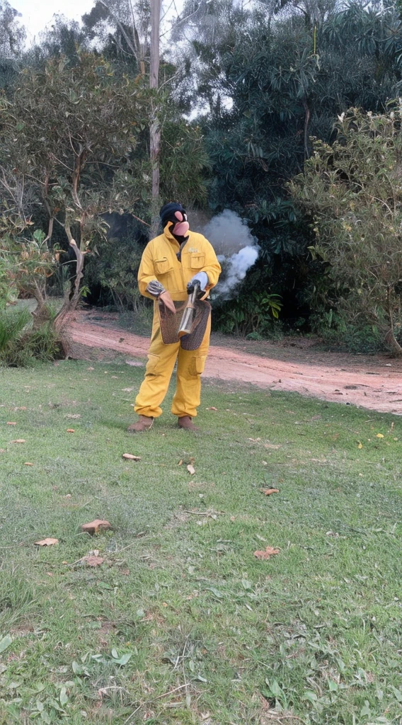 He has 1,70 approximately, a little overweight, yellow beekeeper jumpsuit dress, holding a beekeeping fumigator releasing smoke to the left side. It is in a place with many trees, mostly eucalyptus, and with grass. I would like this pixar style 3d image