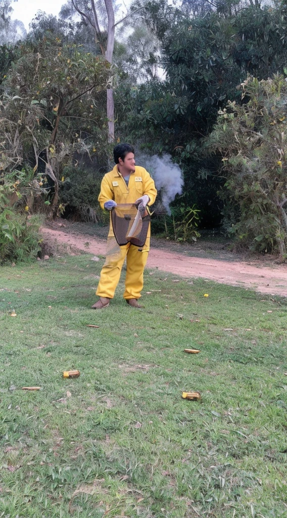 He has 1,70 approximately, a little overweight, yellow beekeeper jumpsuit dress, holding a beekeeping fumigator releasing smoke to the left side. It is in a place with many trees, mostly eucalyptus, and with grass. I would like this pixar style 3d image